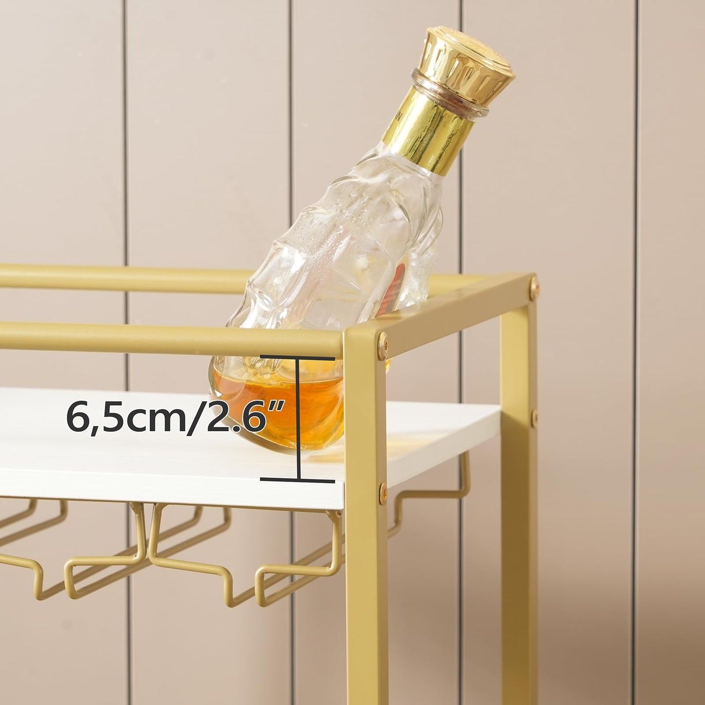 MAHANCRIS Bar Cart for Home, Mini Rolling Wine Cart, 3 Tier Serving Cart, Kitchen Storage Cart with Wine Rack and Glass Holders, for Kitchen, Dining Room, Living Room, Gold and White RCJW9301