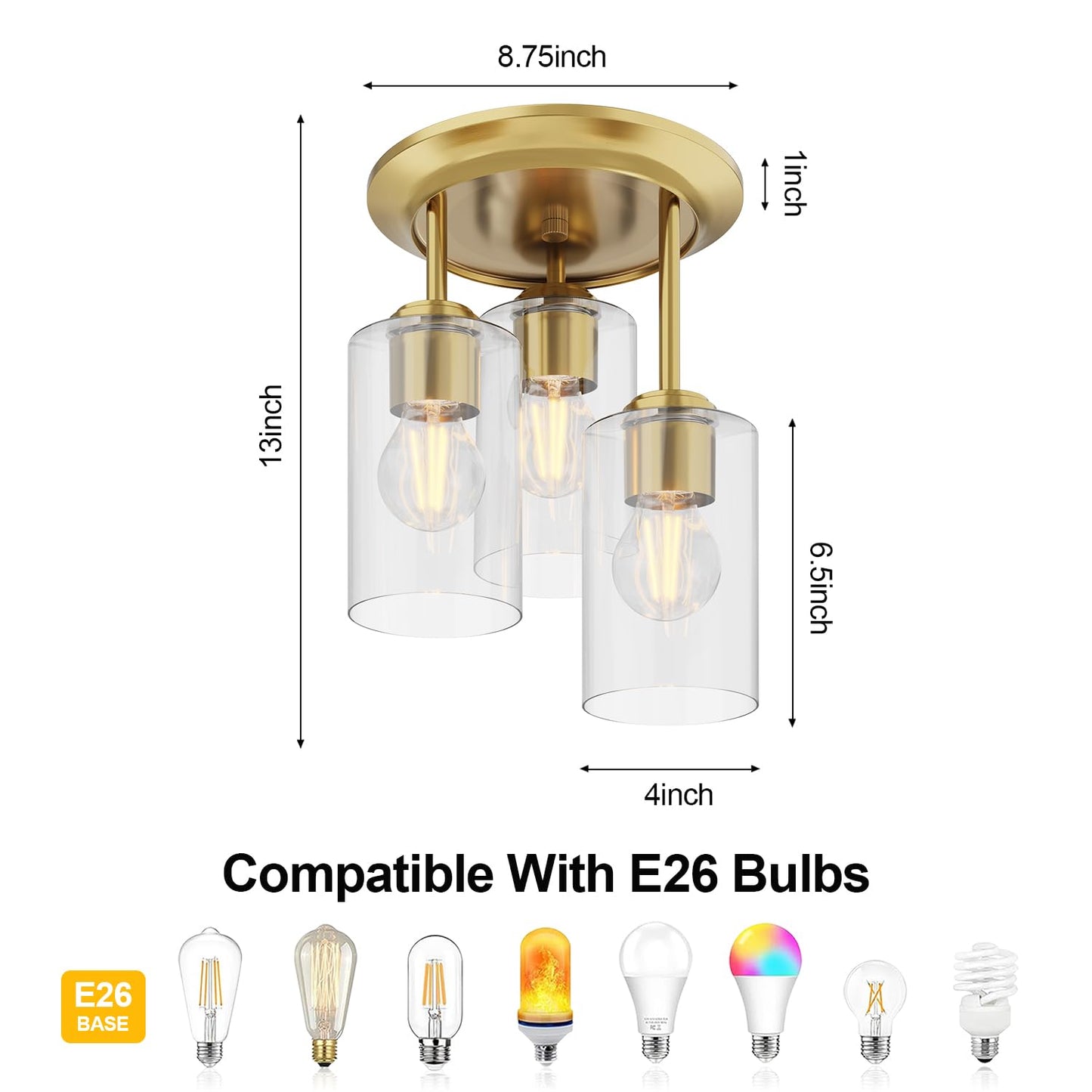 Kalium 3-Lights Semi Flush Mount Ceiling Light Fixture, Gold Light Fixtures, Ceiling Light for Kitchen, Foyer, Entryway, Farmhouse, Home Decor, Clear Glass Shade.