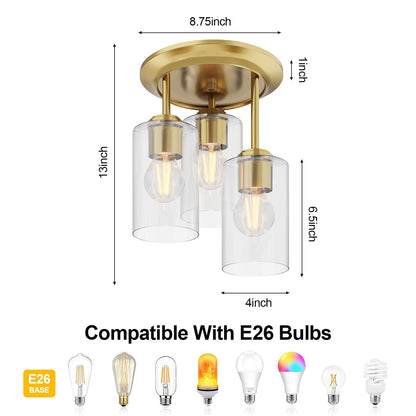 Kalium 3-Lights Semi Flush Mount Ceiling Light Fixture, Gold Light Fixtures, Ceiling Light for Kitchen, Foyer, Entryway, Farmhouse, Home Decor, Clear Glass Shade.