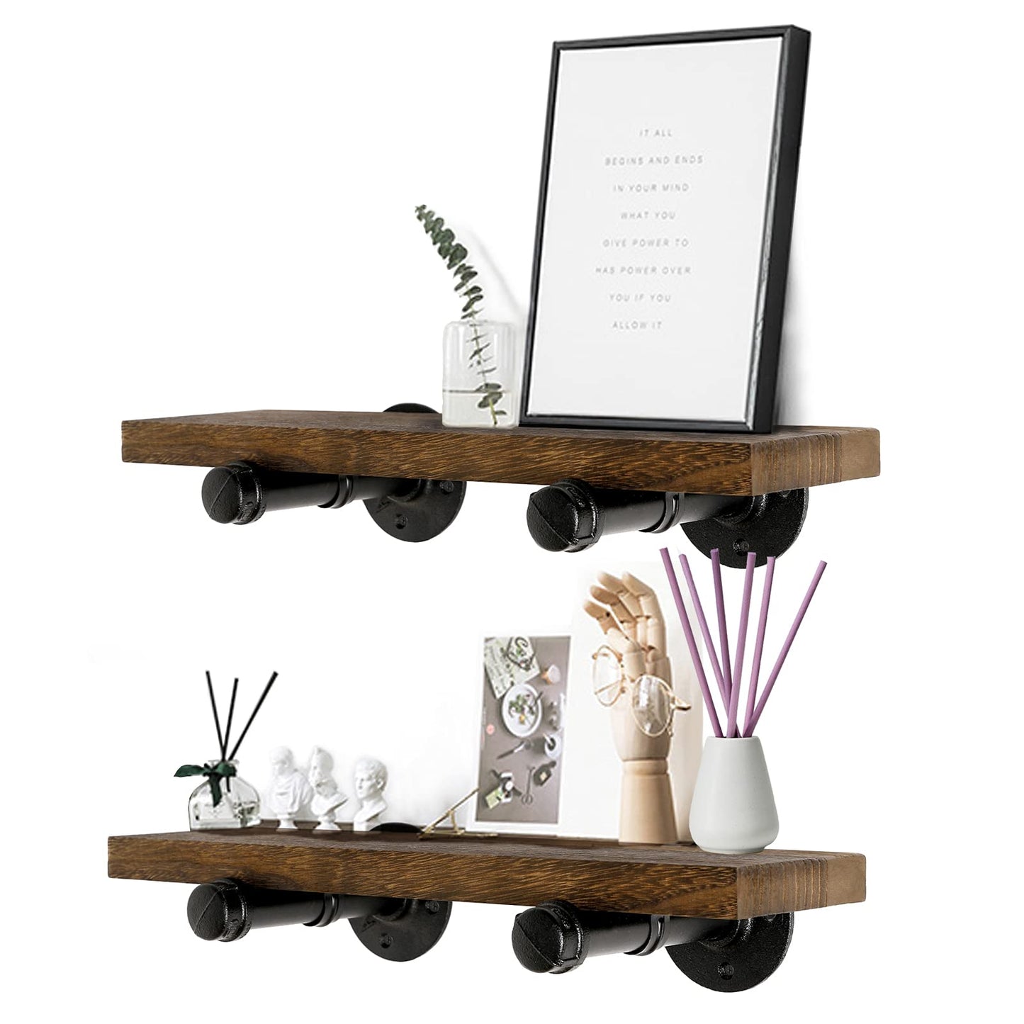 Home TZH Wall Mounted Floating Shelves, Floating Shelves with Industrial Pipe Brackets Set of 4 Rustic Wood Storage Shelf for Bedroom Living Room Bathroom Kitchen Office and More (4, Brown)