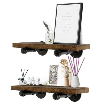 Home TZH Wall Mounted Floating Shelves, Floating Shelves with Industrial Pipe Brackets Set of 4 Rustic Wood Storage Shelf for Bedroom Living Room Bathroom Kitchen Office and More (4, Brown)