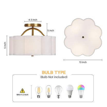CALOKES Semi Flush Mount Ceiling Light, 11.8" Modern 3-Light Fixture with Petal-Shaped Cream White Fabric Shade and Golden Support Arm, Ideal for Bedroom, Kitchen, Living Room, Hallway, and Entryway