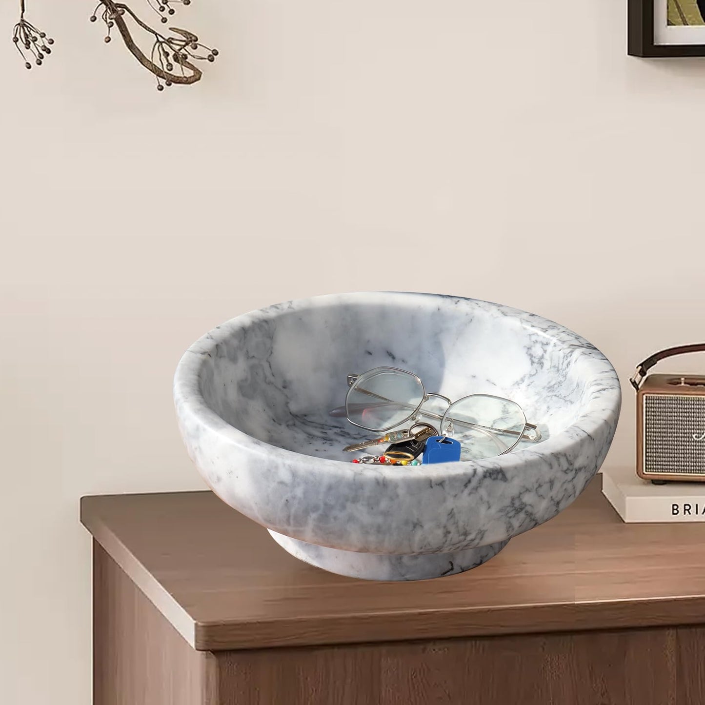 Natural Marble Fruit Bowl for Kitchen Counter, 10.2" Large Luxury Home Decorative Bowl, Modern Pedestal Key Organizer Bowl, 10 lb Heavy Solid Marble Decor for Centerpiece Entryway & Coffee Table