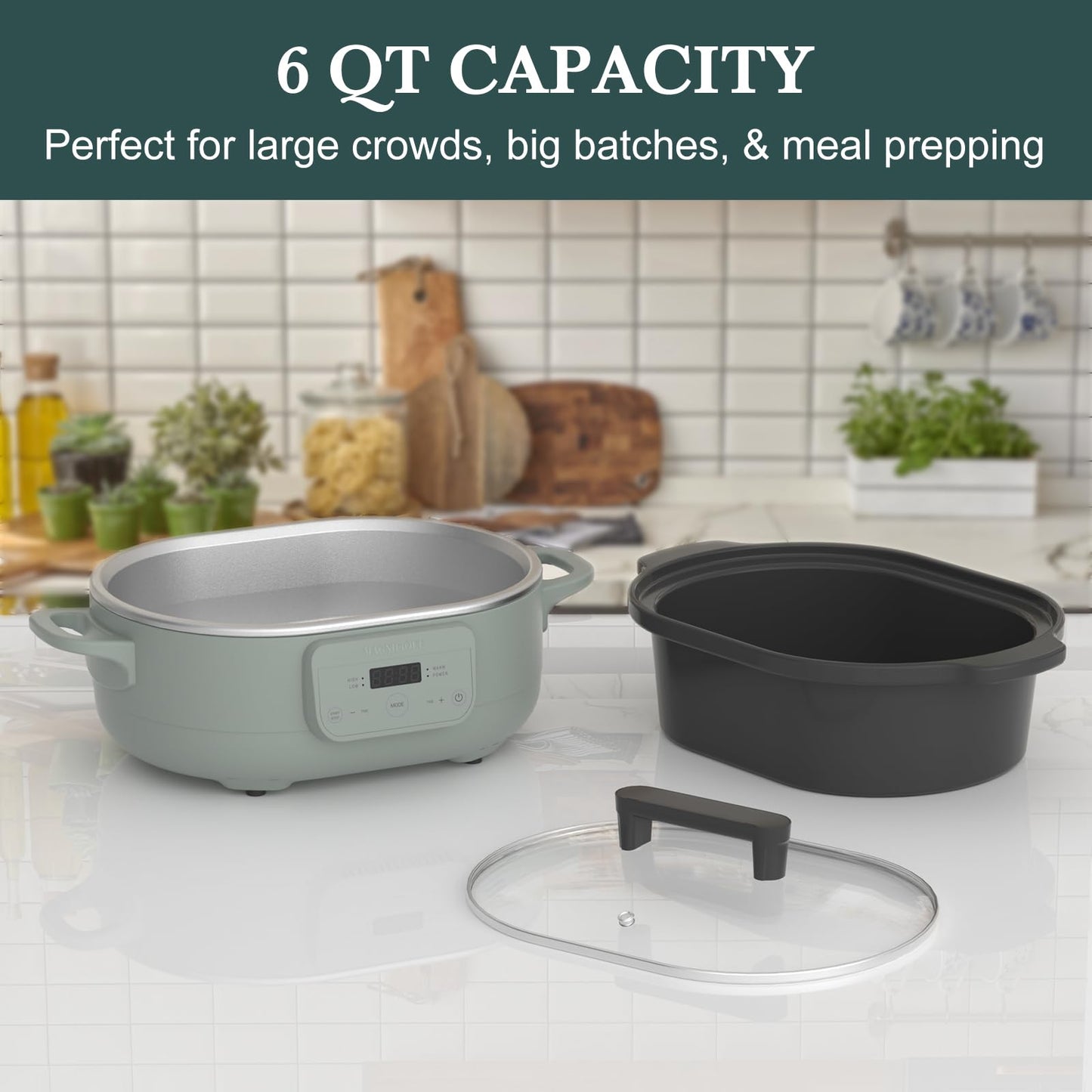 6 Quart Programmable Slow Cooker Removable Healthy Nonstick Pot - Small Kitchen Appliance for Family Dinners - Serves 6+ People - Heat Settings: Keep Warm Olive