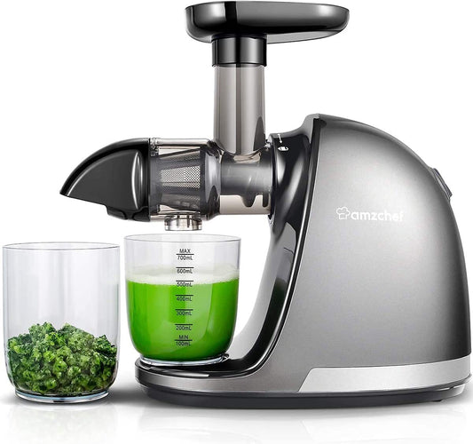AMZCHEF Cold Press Masticating Juicer Machine - 90% Yield Reverse System, Quiet Motor for Home & Breakfast, 3-Step Clean with Brush, Includes 50+ Juice Recipes, Light Grey