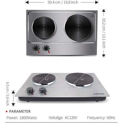 CUSIMAX 1800W Double Hot Plate, Stainless Steel Silver Countertop Burner Portable Electric Double Burners Electric Cast Iron Hot Plates Cooktop, Easy to Clean, Upgraded Version C180N