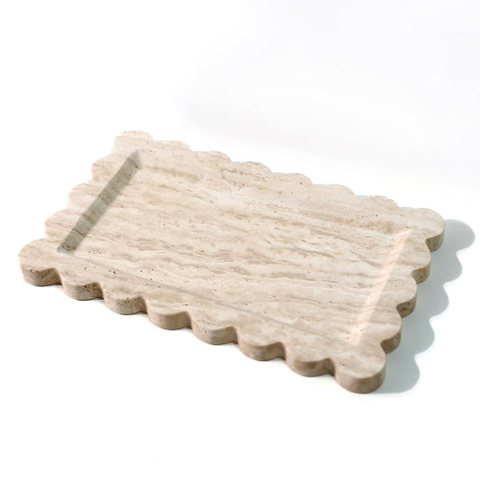 Natural 100% Marble Vanity Tray Luxury Scalloped Marble Storage Rectangle Italian Travertine Tray for Home Decor Stone Tray for Bathroom/Kitchen/Candle Key (Rectangle-11.8 * 7.4-Beige Travertine)