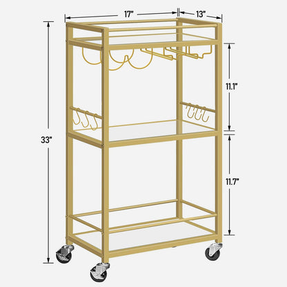TUTOTAK Bar Cart, Home Bar Serving Cart with 3-Tier Mirrored Shelf, Drink Cart, Mobile Kitchen Shelf with Wine Rack, Gold BC01BB033