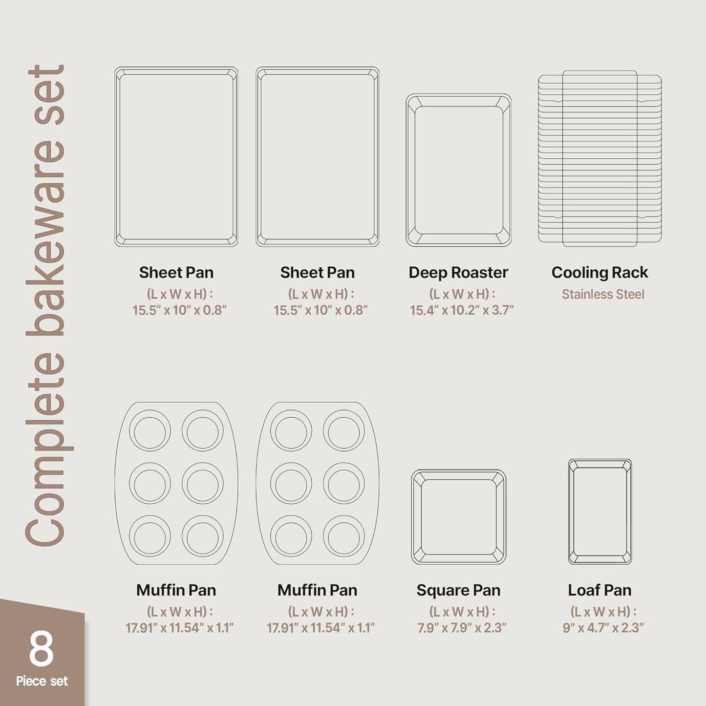 BAKKENMASTER Deluxe 8-Piece Carbon Steel Bakeware Set - Nonstick White Marble Coating, Silicone Handles - Professional Quality Kitchen Oven Baking Pans