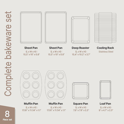 BAKKENMASTER Deluxe 8-Piece Carbon Steel Bakeware Set - Nonstick White Marble Coating, Silicone Handles - Professional Quality Kitchen Oven Baking Pans