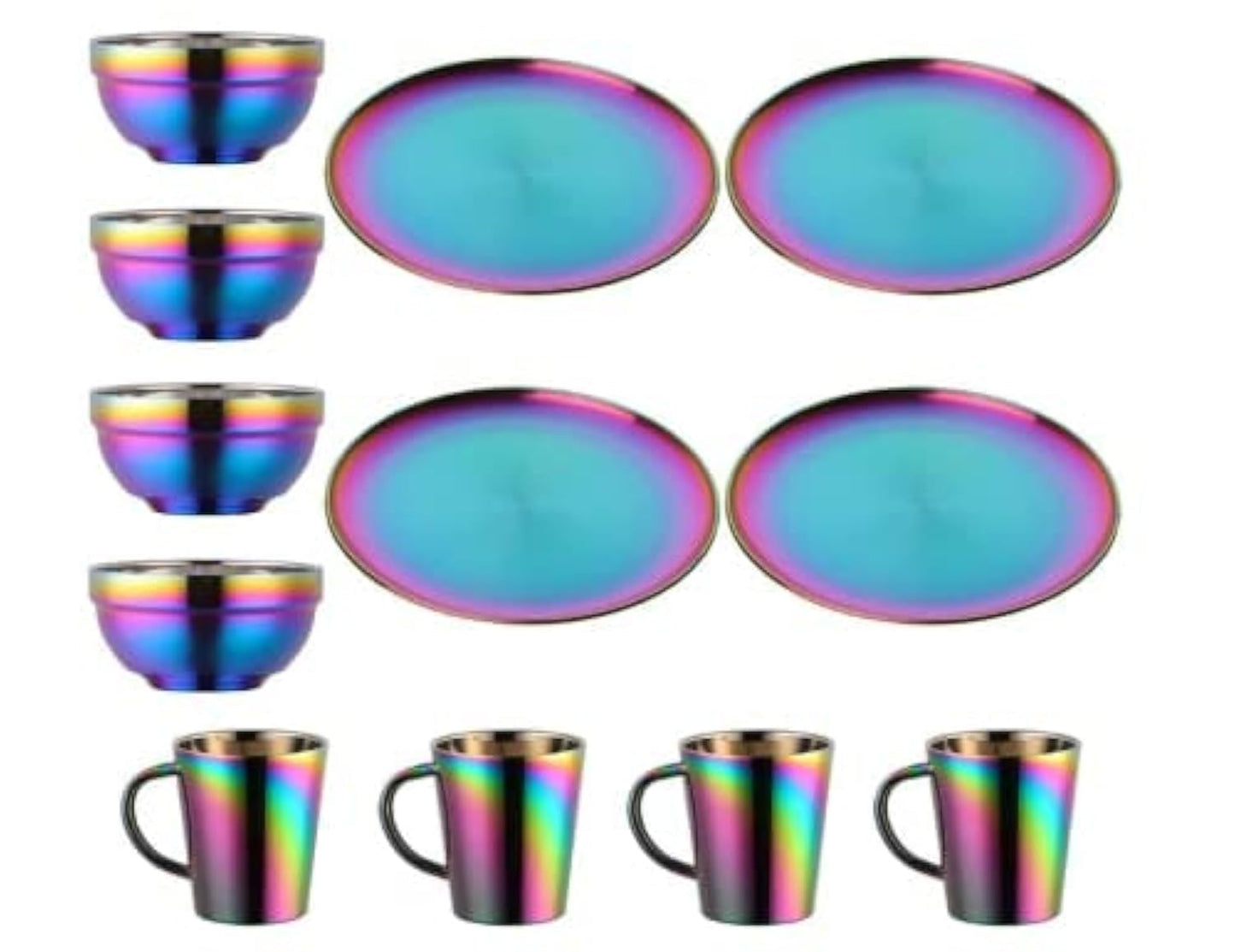 Dinnerware Sets Plates And Bowls Espresso Cups, Stainless Steel Dishes Pasta Bowls Insulated Coffee Mugs Set of 4, 12 Pcs Kitchen Essentials For Home Apartment Wedding Buyer Star, Rainbow