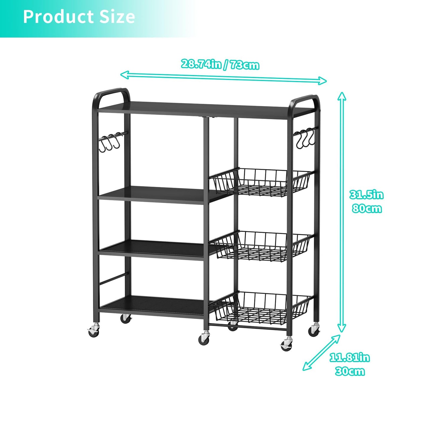HapiRm Rolling Kitchen Microwave Cart - 4 Tier Microwave Table Stand with Pull-Out Baskets, Coffee Bar Baker's Rack with Wheels Rolling Storage Cart Organizer Shelf for Living Room Office, Balcony