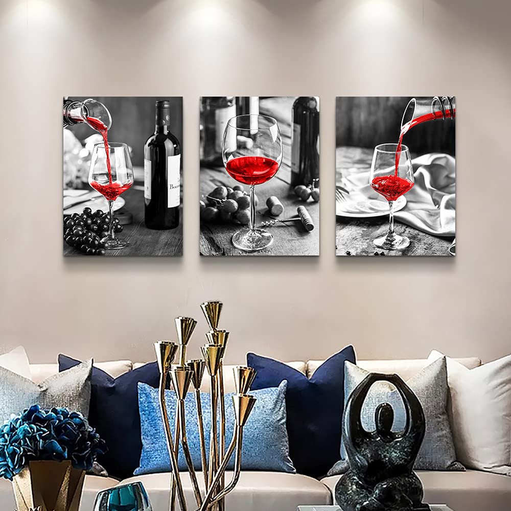 Canvas Wall Art For Kitchen Wall Decor For Dining Room Black And White Wine Glasses Painting Modern Red Wine Canvas Art Prints Ready To Wall Pictures For Restaurant Home Decorations 16"X24" 3 Pieces