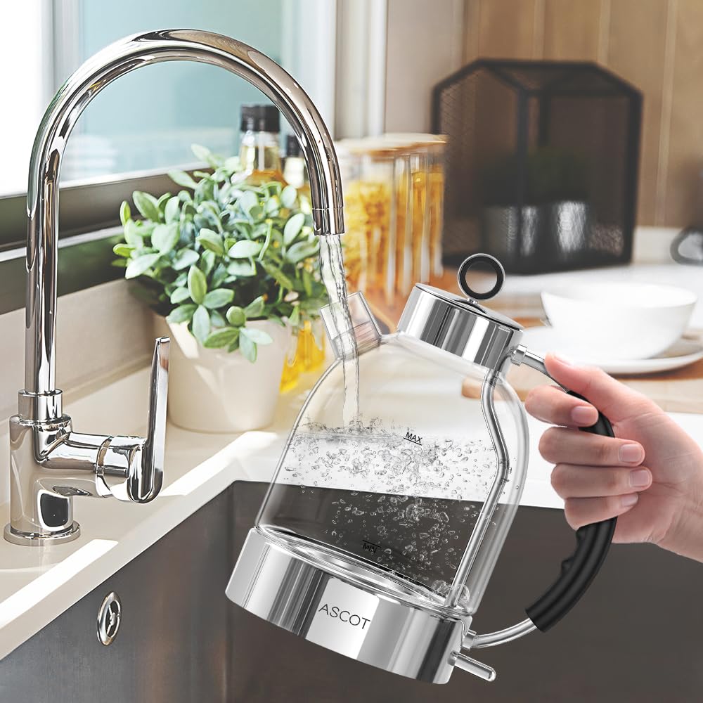 ASCOT Electric Kettle, Glass Electric Tea Kettle Gifts for Men/Women/Family 1.6L 1500W Borosilicate Glass Tea Heater, with Auto Shut-Off and Boil-Dry Protection (Silver)