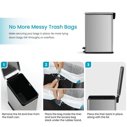Home Zone Living 8 Gallon Slim Kitchen Trash Can with Soft Close Lid, Step Pedal, Bag Tuck Band, and Removable Liner, Stainless Steel, Silver
