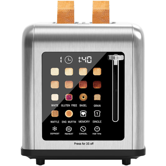 2 Slice Toaster Touch Screen, Stainless Steel Toasters Digital Timer 2 Slot Toasters, 8 Shade Settings 6 Bread Types for Bagel, Cancel, Defrost（Stainless Steel）
