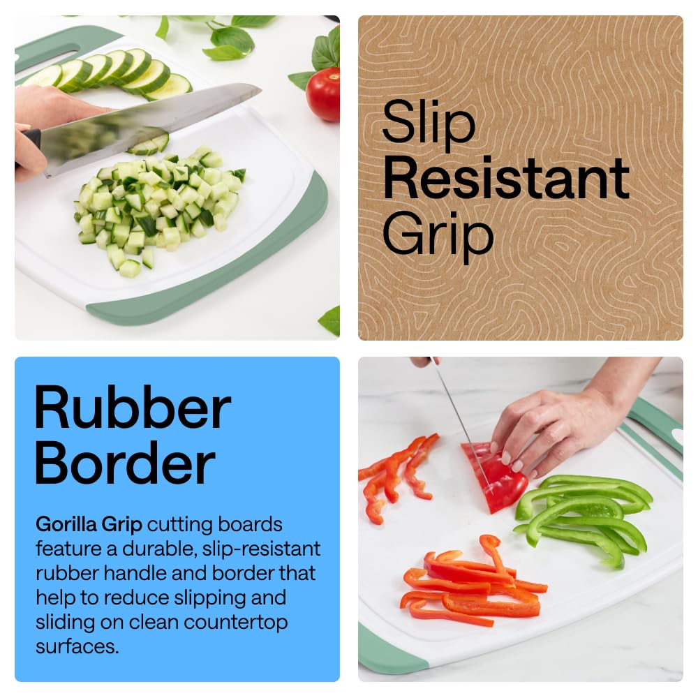 GORILLA GRIP BPA-Free Reversible Kitchen Cutting Board Set of 3, US Designed, Nonporous, Juice Grooves Catch Liquid, Slip Resistant Border, Dishwasher Safe Large Food Chopping Boards, Gray Mint Pink