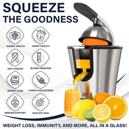 Eurolux Premium Electric Orange Juicer | Stainless Steel Citrus Squeezer With New Ultra-Powerful Motor and Soft Grip Handle for Effortless Juicing, Auto Shutoff, Dishwasher-safe Parts, Pulp Control