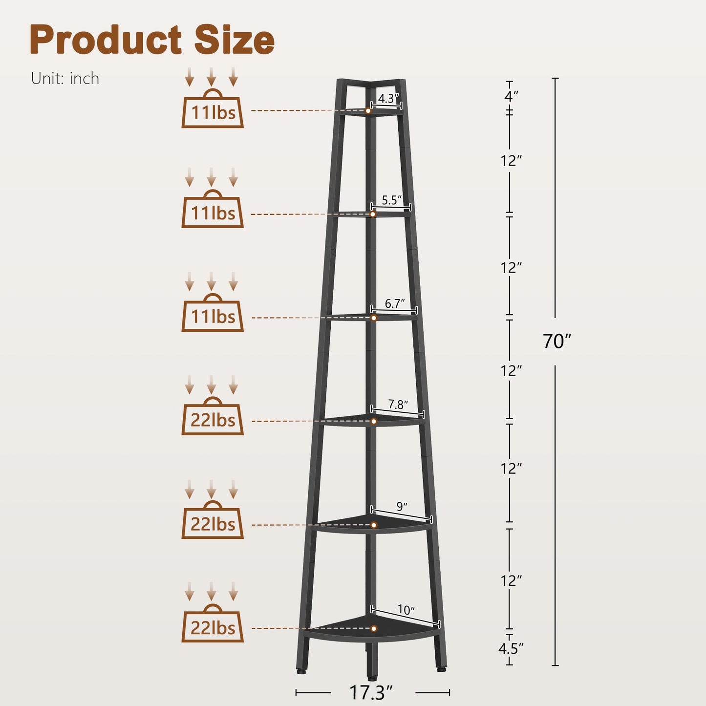 Hoctieon Corner Shelf, 6-Tier Corner Bookshelf, Rustic Ladder Shelf, Industrial Display Stand for Living Room, Kitchen, Home Office, Balcony, Small Space, Metal Frame, Black