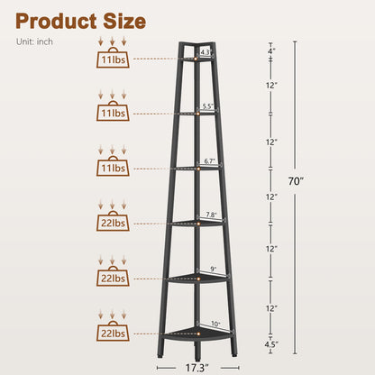 Hoctieon Corner Shelf, 6-Tier Corner Bookshelf, Rustic Ladder Shelf, Industrial Display Stand for Living Room, Kitchen, Home Office, Balcony, Small Space, Metal Frame, Black