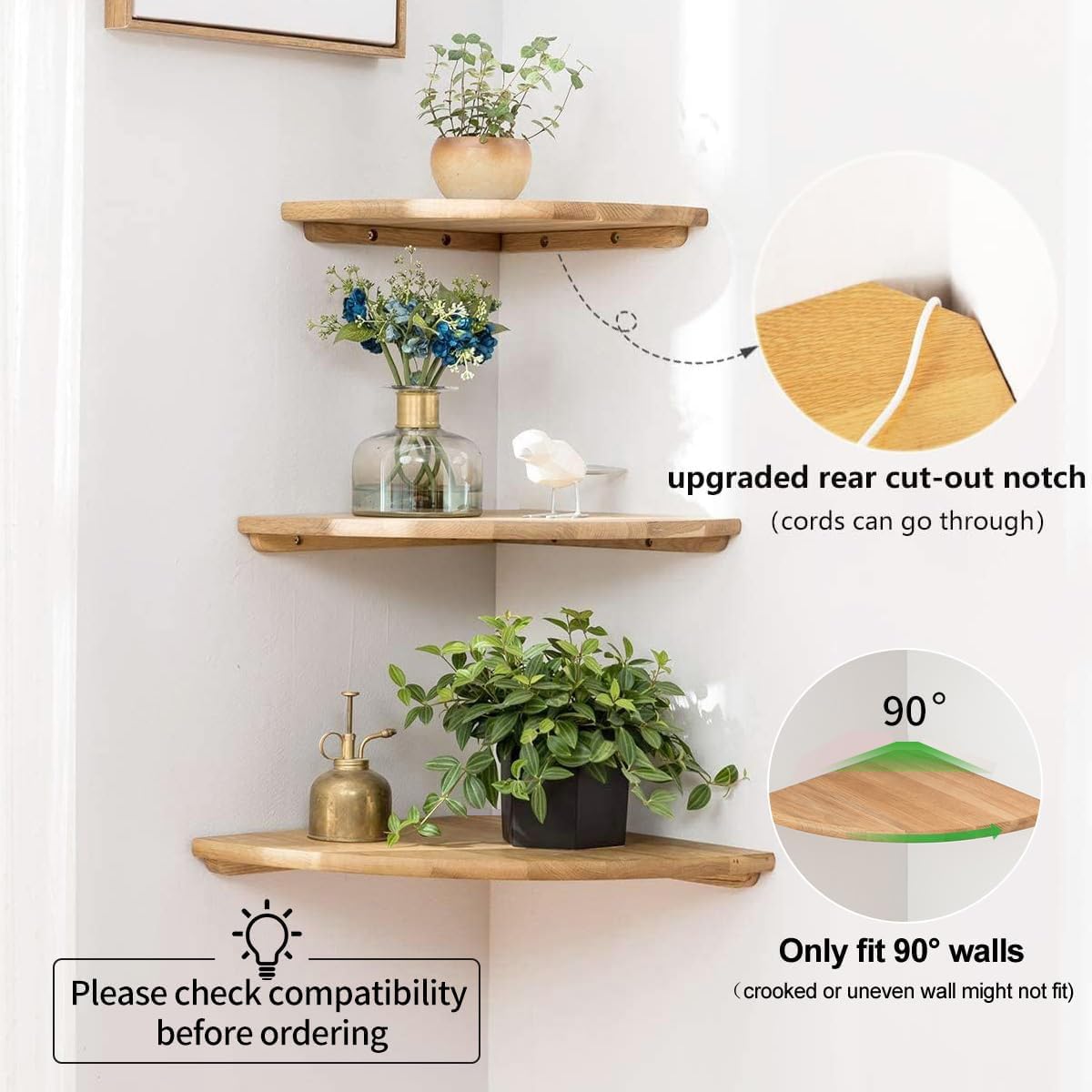 Conamily Corner Shelves, Floating Corner Shelf, Set of 2 12inch Solid Oak Wood Wall Shelves, Round End Wall Mount Display Shelf with Wire Hole for Bedroom Kitchen, Living Room