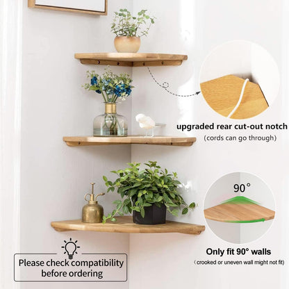 Conamily Corner Shelves, Floating Corner Shelf, Set of 2 12inch Solid Oak Wood Wall Shelves, Round End Wall Mount Display Shelf with Wire Hole for Bedroom Kitchen, Living Room