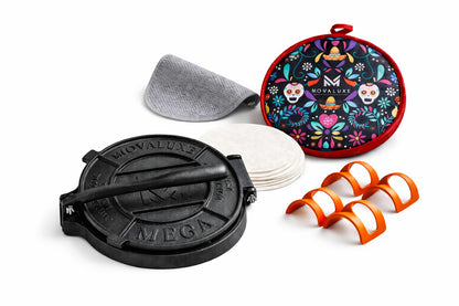 Movaluxe® Linea Authentica 12-Inch Heavy Duty Cast Iron Tortilla Press – Large Burrito & Flour Corn Tortilla Maker System with Warmer Pouch, Taco Holders & Essentials