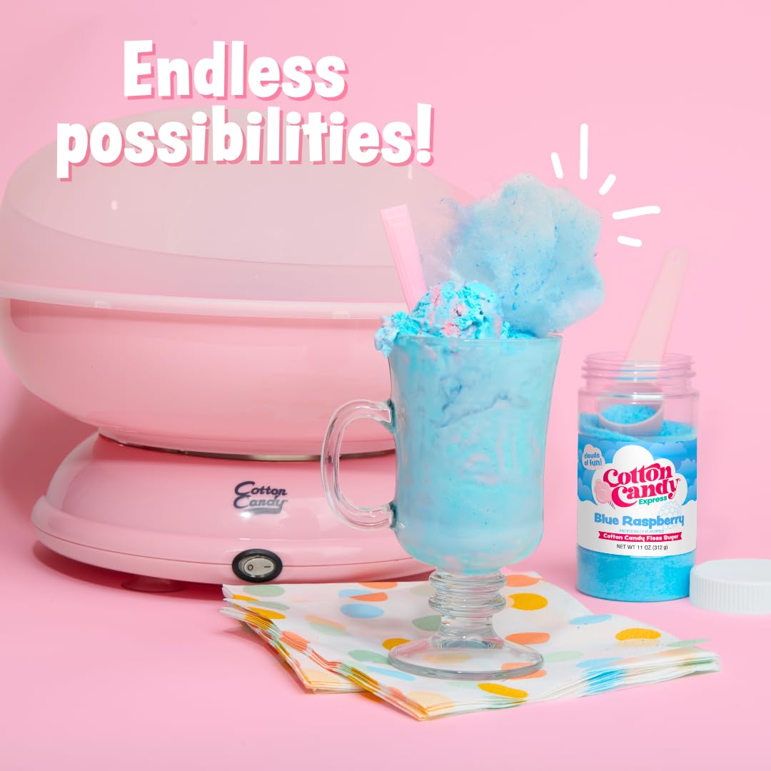 Cotton Candy Express CC1000-S Cotton Candy Machine, with 5-11oz. Jars of Cherry, Grape, Blue Raspberry, Orange, Pink Vanilla Floss Sugar & 50 Paper Cones Easy to Use and Clean