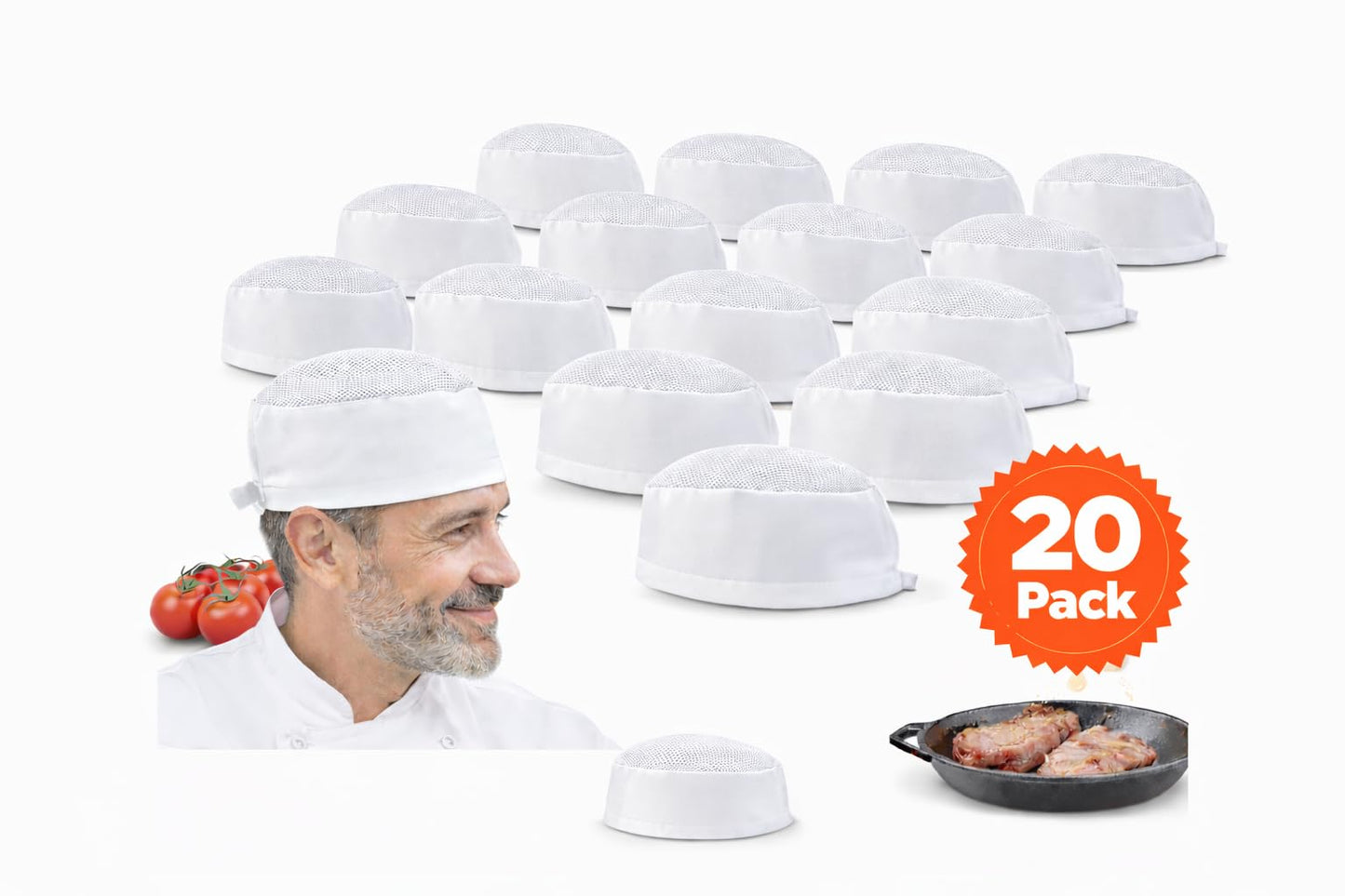 LEQC Chef Skull Cap – Adjustable & Breathable Mesh Chef Hats for Men Women Kitchen Cook Cap, Oil-Resistant Chef Works Hat for Professional & Home Use(White-20PCS)