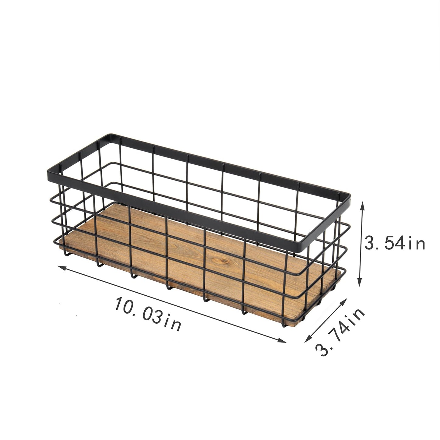 TIEYIPIN Farmhouse Small Metal Wire Storage Basket Bin, Rustic Home Storage Organizer with Wooden Bottom for Kitchen, Cabinets, Bathroom Counter, Pantry, Garage, Laundry Room - Black (4 Pack)