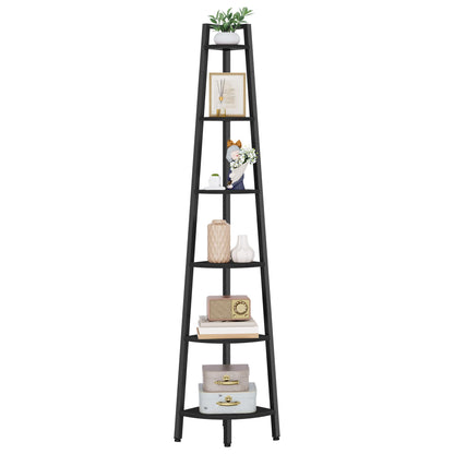 Hoctieon Corner Shelf, 6-Tier Corner Bookshelf, Rustic Ladder Shelf, Industrial Display Stand for Living Room, Kitchen, Home Office, Balcony, Small Space, Metal Frame, Black