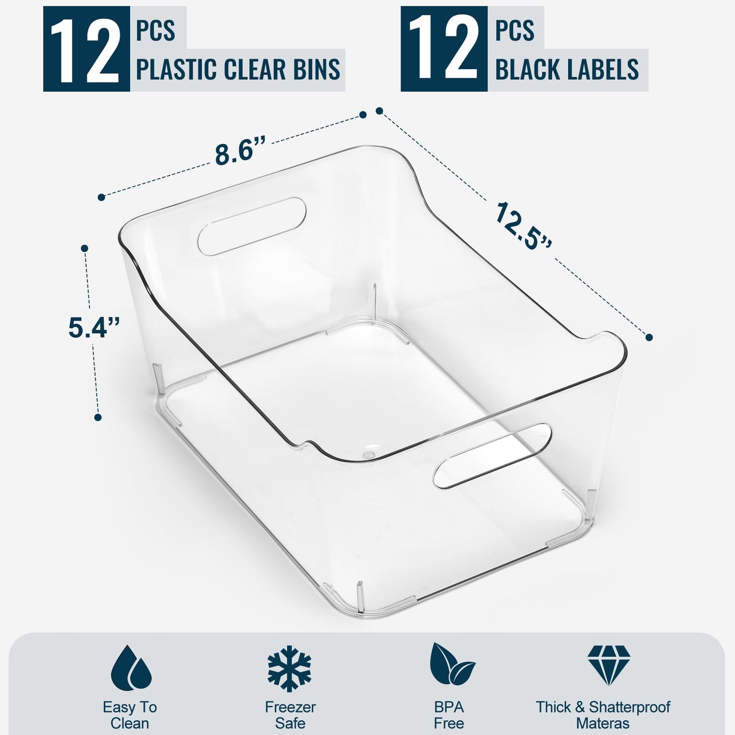 12 PACK Multi-Use Clear Plastic Storage Bins for Organizing w/ Labels - Home, Kitchen, Pantry, Bathroom, Office, Cabinet Shelf Organizer Bins - SOHO Collection, RV, Fridge Organization Containers -XL