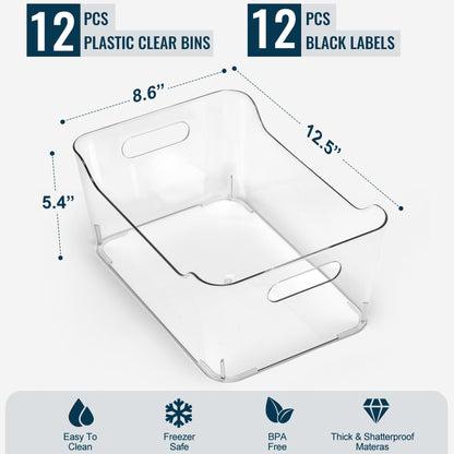 12 PACK Multi-Use Clear Plastic Storage Bins for Organizing w/ Labels - Home, Kitchen, Pantry, Bathroom, Office, Cabinet Shelf Organizer Bins - SOHO Collection, RV, Fridge Organization Containers -XL