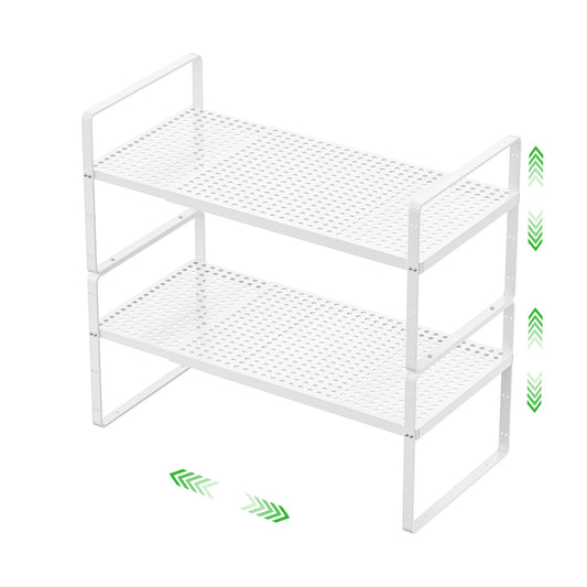 SOFRON Expandable Cabinet Storage Shelf Stackable Organizer Rack for Kitchen Bathroom Pantry Spice Cupboard Coffee Countertop Home Office Desk Heavy Duty Nonslip White Small 2 Packs