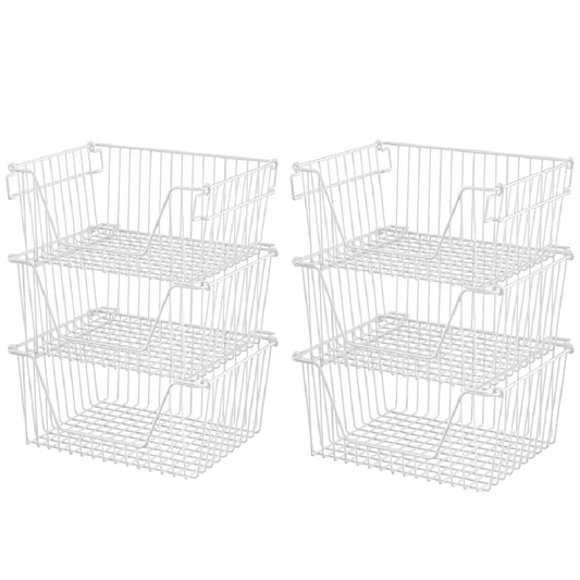 Slideep 14'' Large Metal Wire Storage Organizer Bin Basket Farmhouse Decor Stackable Storage Organizer for Pantry Home Bathroom Kitchen Organization White - 6 Pack