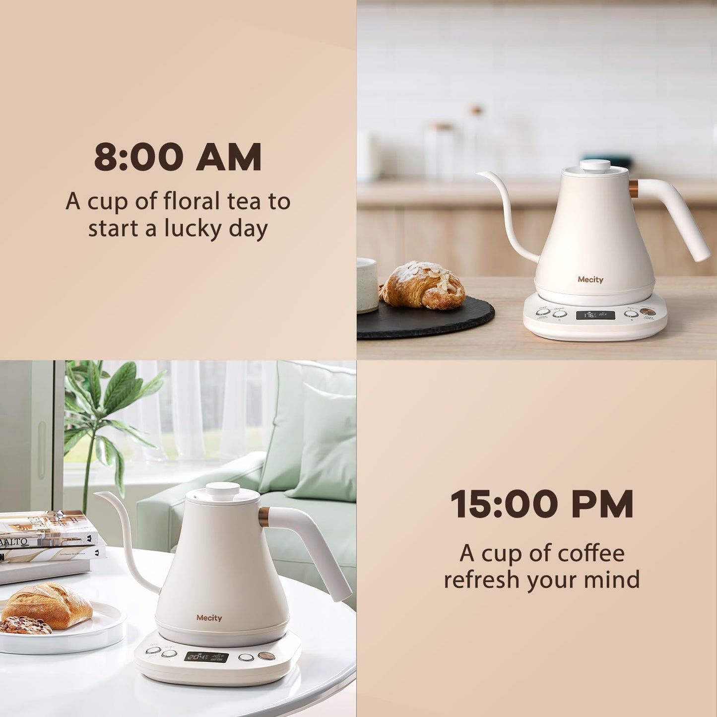 Mecity Electric Gooseneck Kettle With Keep Warm Function & LCD Display Automatic Shut Off Coffee Kettle Temperature Control Pour Over Kettle 1200 Watt, 0.8L, 120V, Off White