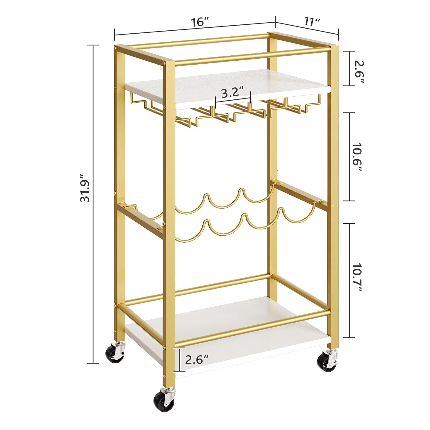 MAHANCRIS Bar Cart for Home, Mini Rolling Wine Cart, 3 Tier Serving Cart, Kitchen Storage Cart with Wine Rack and Glass Holders, for Kitchen, Dining Room, Living Room, Gold and White RCJW9301