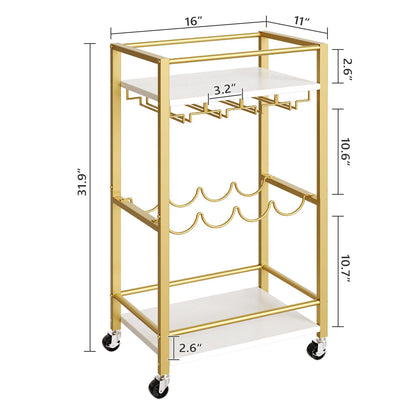 MAHANCRIS Bar Cart for Home, Mini Rolling Wine Cart, 3 Tier Serving Cart, Kitchen Storage Cart with Wine Rack and Glass Holders, for Kitchen, Dining Room, Living Room, Gold and White RCJW9301