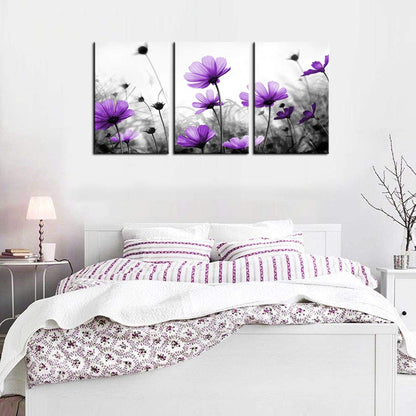 Flowers Wall Art Canvas Pictures Purple Wildflowers Black and White Background 3 Piece Canvas Art Blossom Contemporary Artwork for Home Decoration Office Kitchen Wall Decor 16"x 24" x 3 Panels