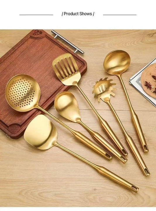 Premium 7-Piece Gold Kitchen Utensil Set with Stand, Stainless Steel Cooking Tools- Dishwasher Safe Ladle, Spoon, Spatula, Pasta Fork, Luxury Brass Kitchen Accessories for Home Chefs (Gold)