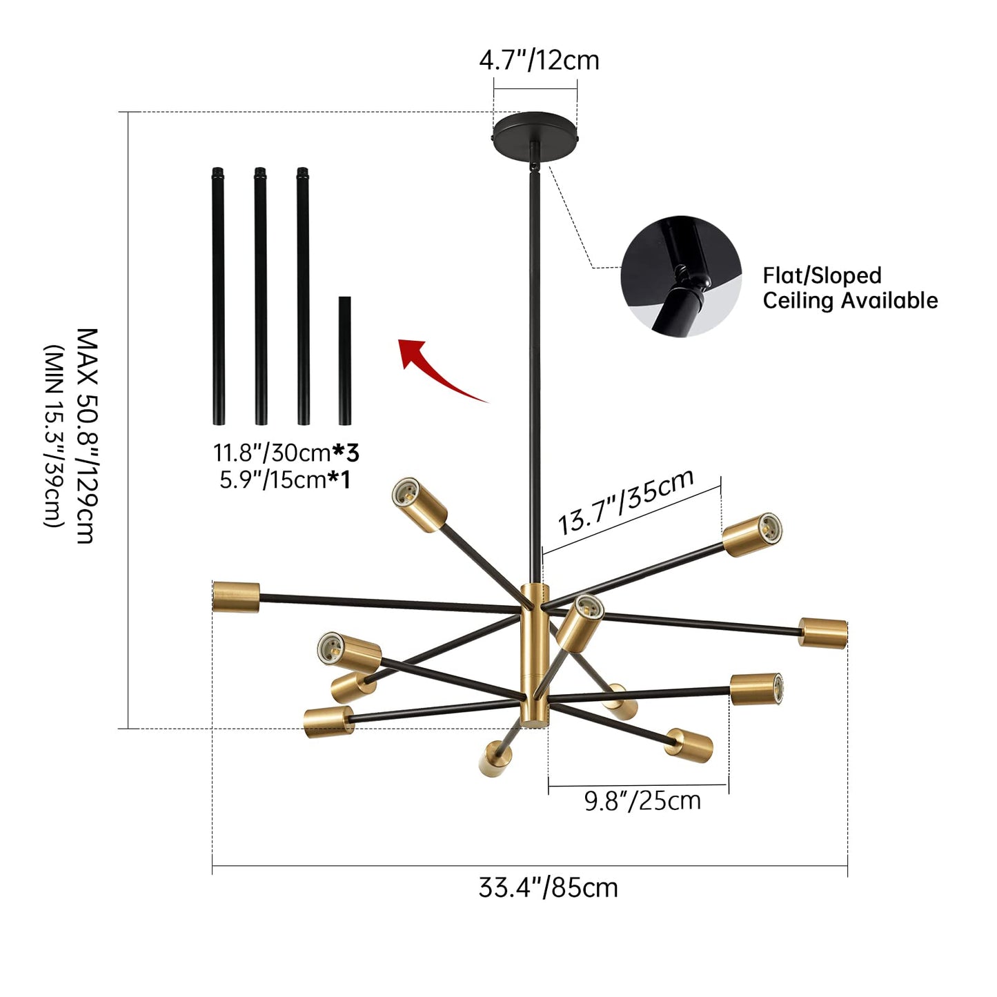 RUIYEY Modern Chandelier Ceiling Light Fixture - Sputnik Chandeliers Gold and Black Farmhouse 12-Light Height Adjustable for Dining Room, Living Room, Kitchen Island