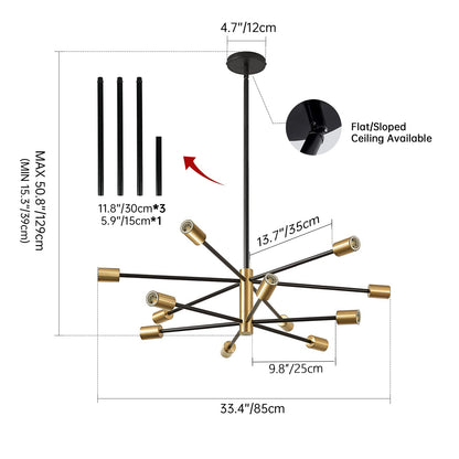 RUIYEY Modern Chandelier Ceiling Light Fixture - Sputnik Chandeliers Gold and Black Farmhouse 12-Light Height Adjustable for Dining Room, Living Room, Kitchen Island