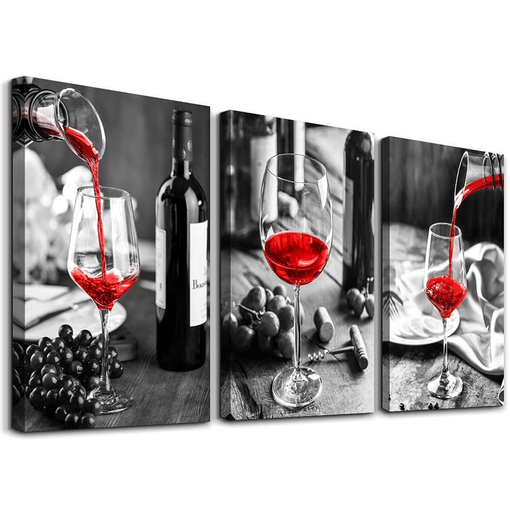 Canvas Wall Art For Kitchen Wall Decor For Dining Room Black And White Wine Glasses Painting Modern Red Wine Canvas Art Prints Ready To Wall Pictures For Restaurant Home Decorations 16"X24" 3 Pieces