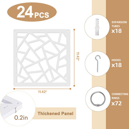ANMINY 24 PCS Hanging Room Divider Decorative Thick Panels Floral Carving Wall Screen Hollow Out Design for Bedroom Living Dining Room Kitchen Office Restaurant Home Decor - White Geometric Patterns