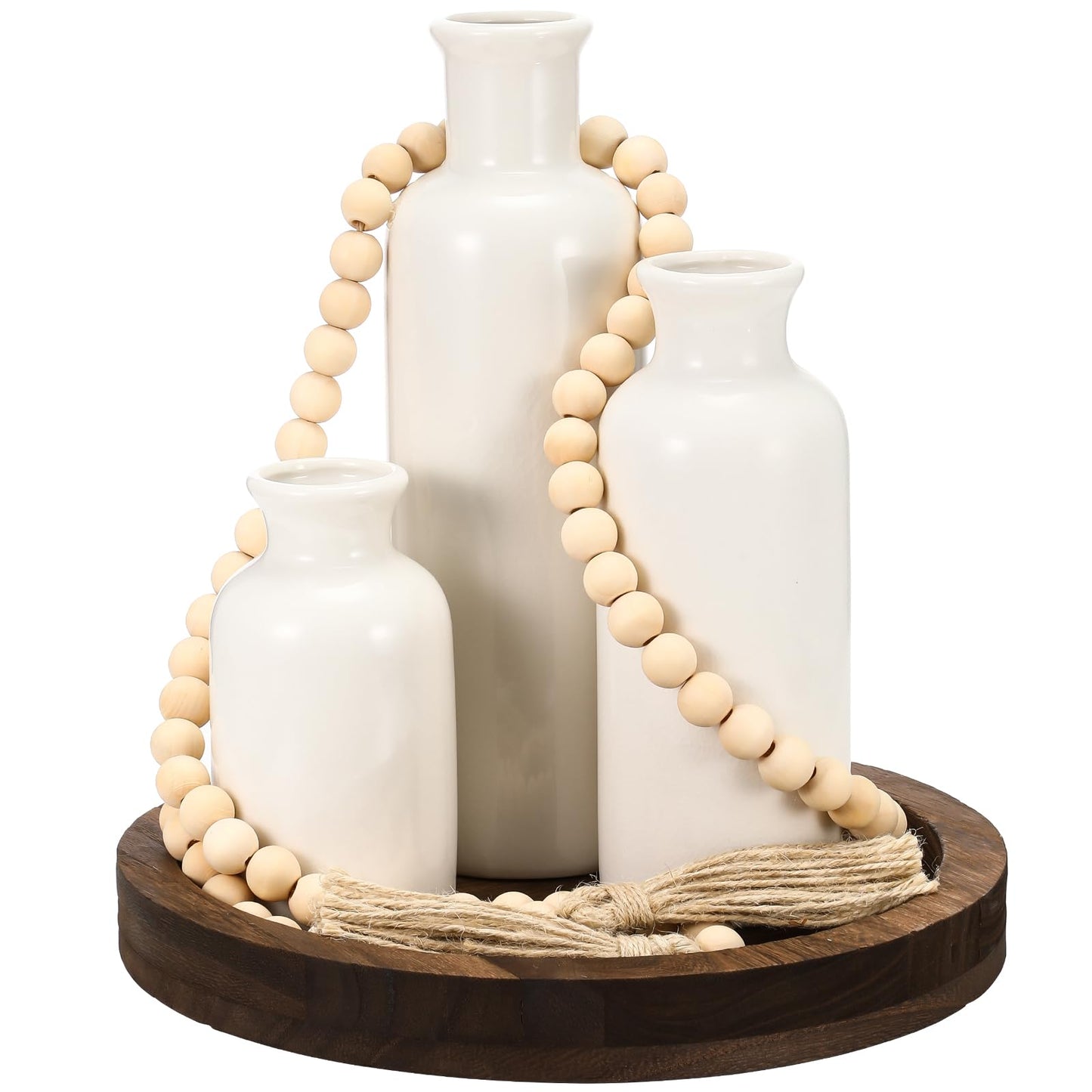 Tiangrid 5 Pcs Rustic Country Tabletop Centerpieces Decor Set of 3 Boho Ceramic Vases with Wooden Serving Tray Wood Bead Garland Tassels Table Holder for Home Decorations(Dark Brown)
