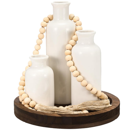 Tiangrid 5 Pcs Rustic Country Tabletop Centerpieces Decor Set of 3 Boho Ceramic Vases with Wooden Serving Tray Wood Bead Garland Tassels Table Holder for Home Decorations(Dark Brown)