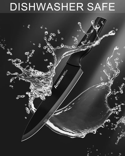 Astercook Knife Set, Kitchen Knife Set with Built-in Sharpener Block, Dishwasher Safe, 15 Pieces German Stainless Steel Knife Block Set, Black Mothers Day Gifts for Kitchen