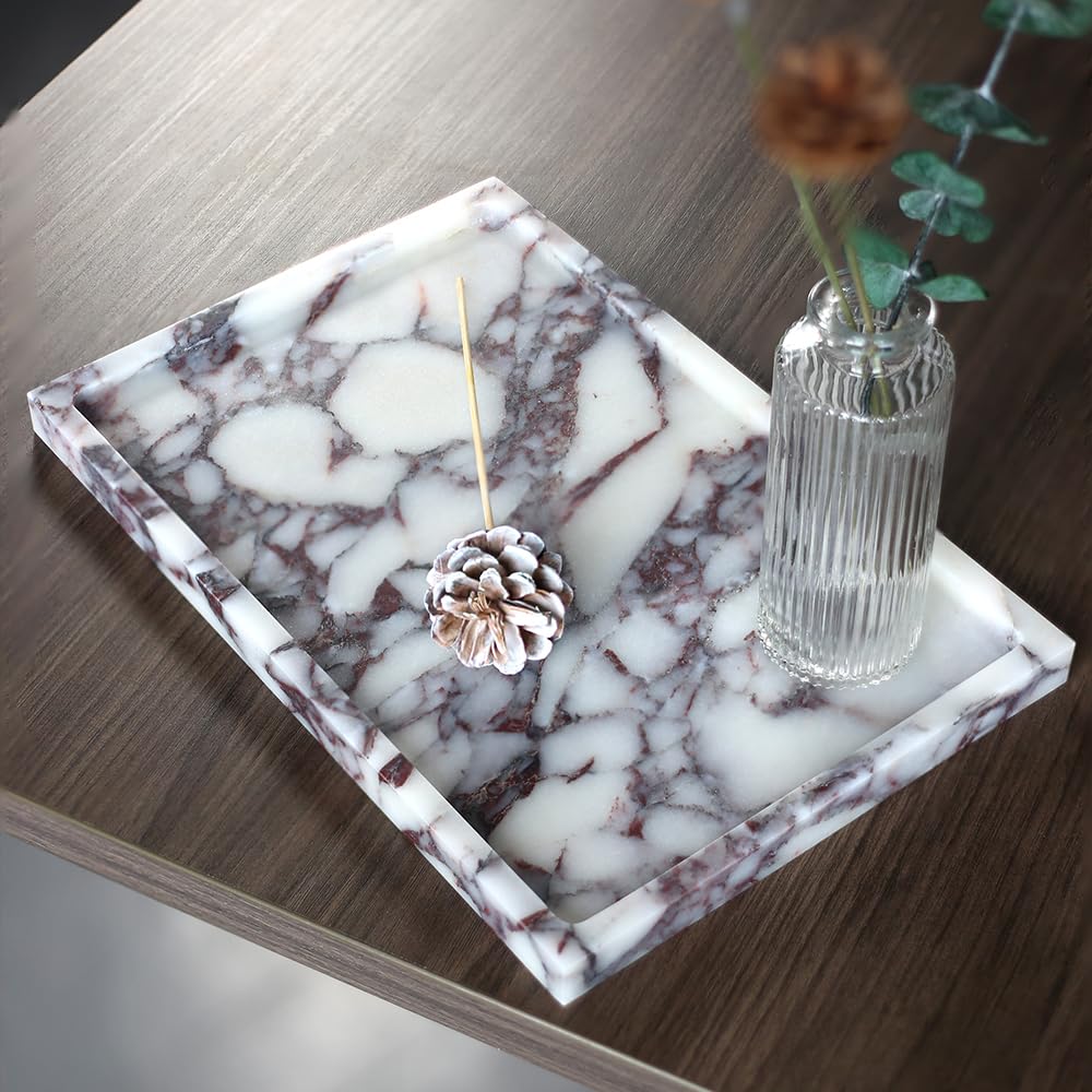 Real Luxurious Natural Marble Vanity Tray Genuine Marble Storage Tray for Home Decor Stone Tray for Bathroom/Kitchen/Vanity/Dresser,Plate Holder for Tissues, Candles, Towel