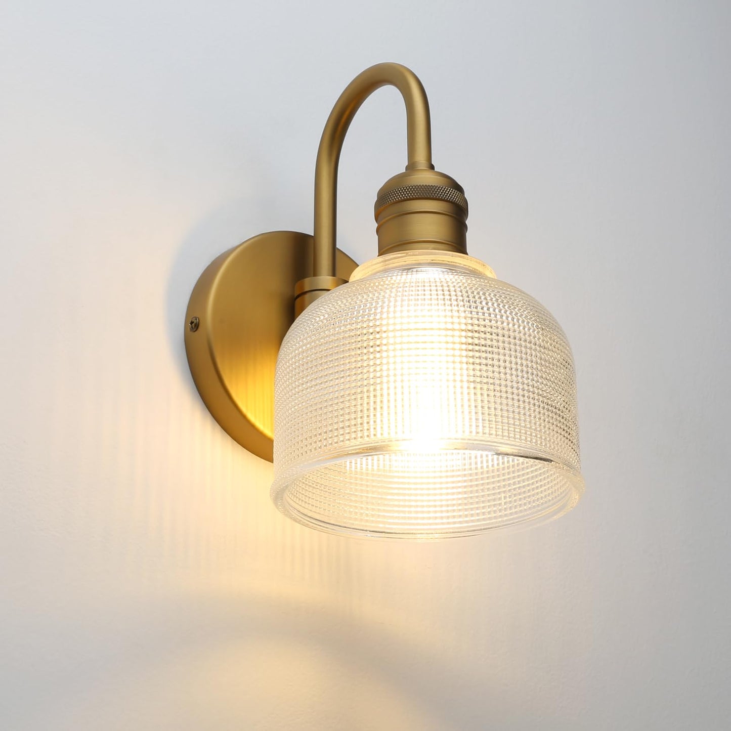 Yosoan Brass Gold Vintage Wall Sconce with Striped Shade, 1-Light Modern Vanity Light Industrial Single Wall Mounted Hardwired Bowl Texture Glass Shade for Living Room Bedroom Kitchen Hallway(Antique)