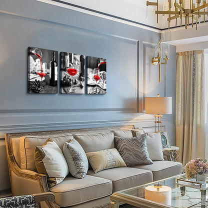 Canvas Wall Art For Kitchen Wall Decor For Dining Room Black And White Wine Glasses Painting Modern Red Wine Canvas Art Prints Ready To Wall Pictures For Restaurant Home Decorations 16"X24" 3 Pieces
